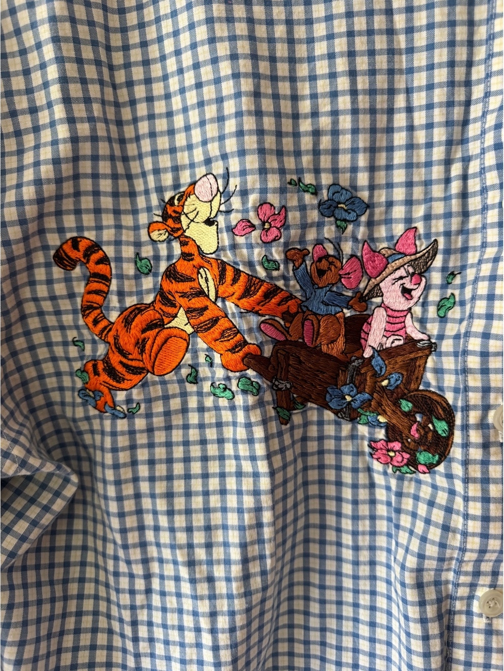 Vintage Winnie The Pooh Gardening Plaid Gingham Button Bown - Picture 3 of 4